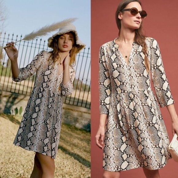Anthropologie Maeve Juno Snakeskin Print Dress Brown White Tan Size XSmall - Picture 2 of 12